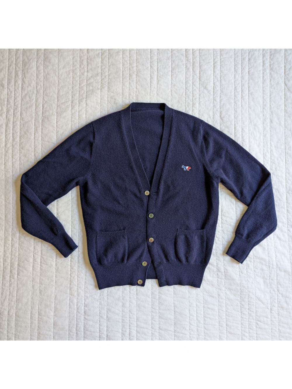 100% Cashmere Navy Blue V Neck Cardigan Sweater w French Fox Logo Soft Wool XS